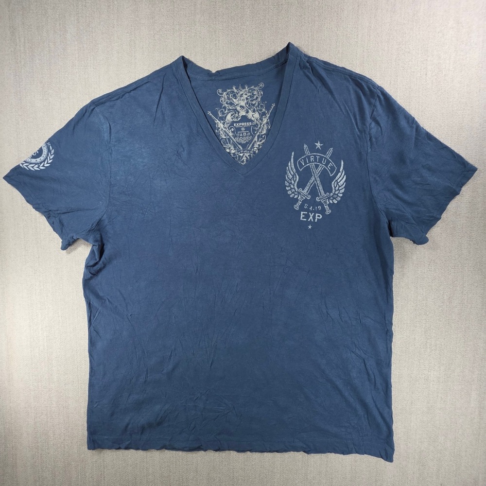Express Graphic Tee Mens XXL Blue Virtue‎ Deep V-Neck Cotton Short Sleeve Shirt